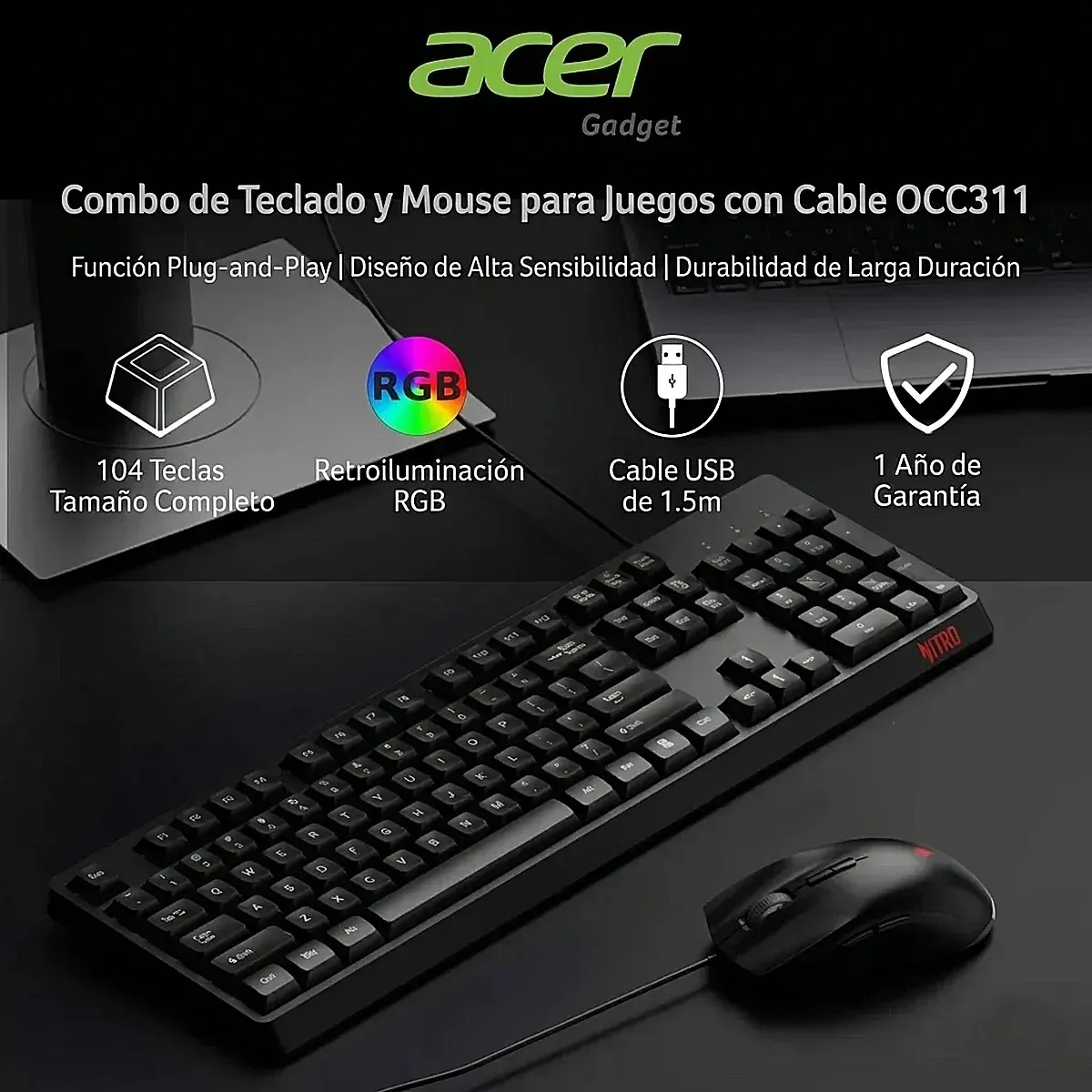 Combo Acer De Teclado Y Mouse Nitro Occ311 3600dpi Español