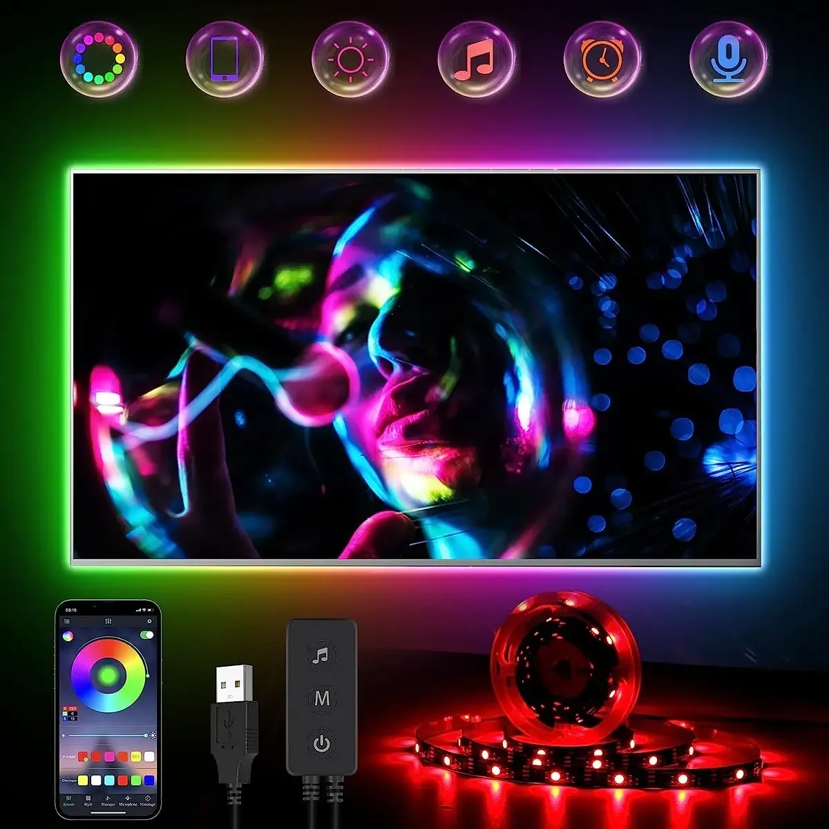 Cinta Led Rgb 4 Mts Tv 32 - 65 Pulgadas Bluetooth Multicolor